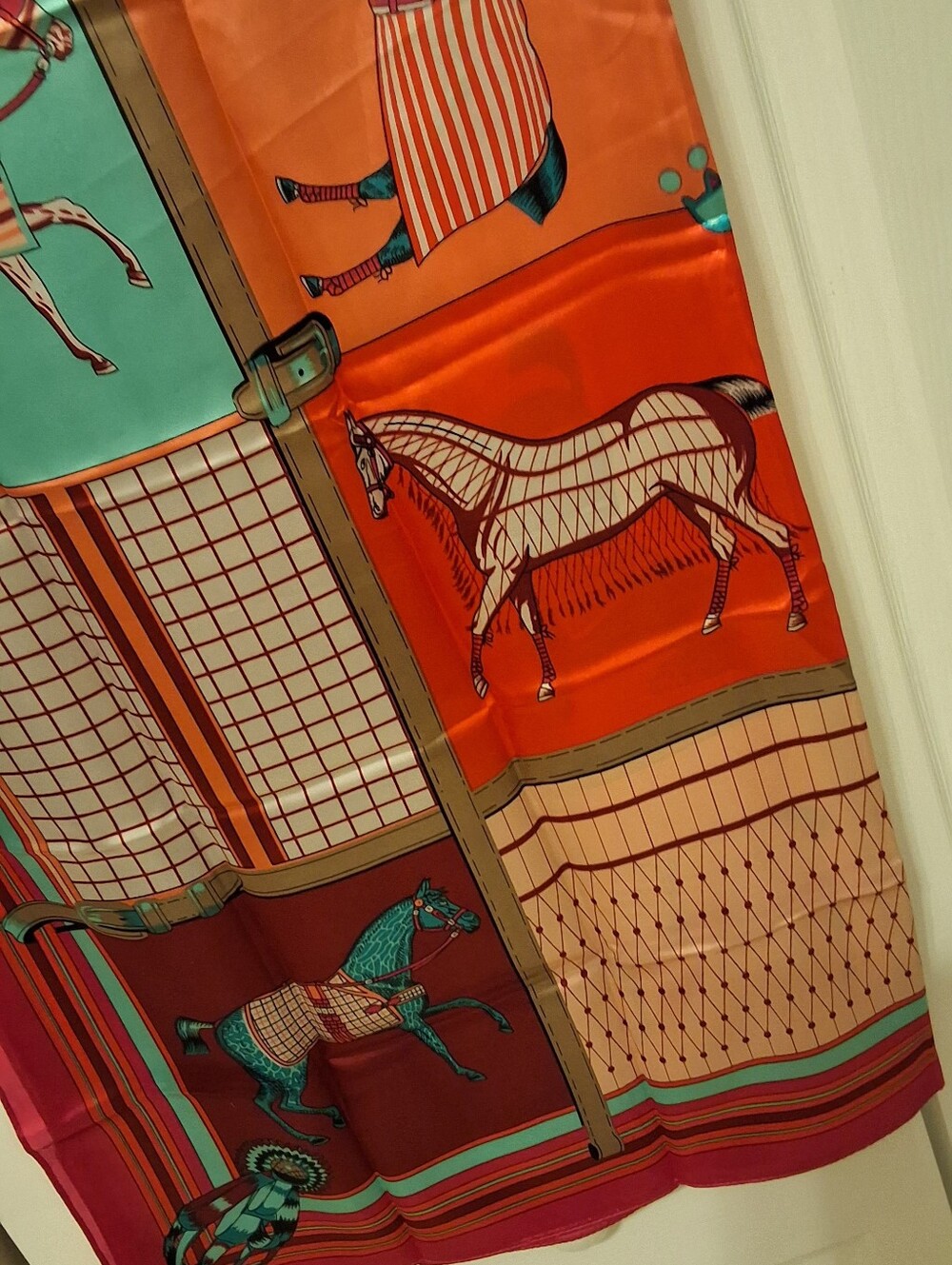 NEW, Vibrant Equestrian Print Silk Scarf - Orange, Teal, Fuchsia - Picture 5 of 7
